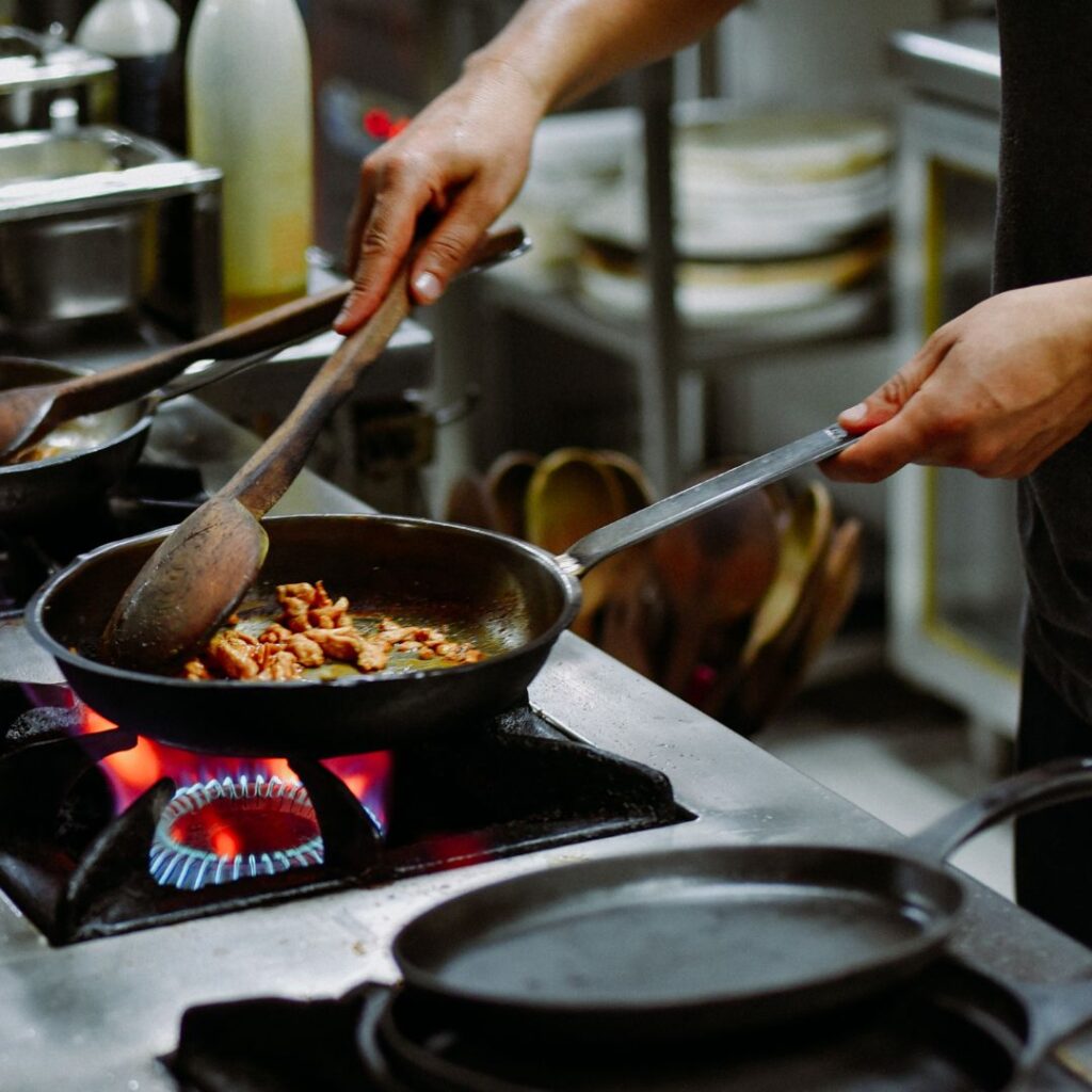 cooking in commercial kitchen