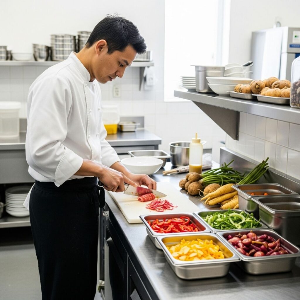 A chef in a professional kitchen practices sustainable, zero-waste cooking by neatly preparing