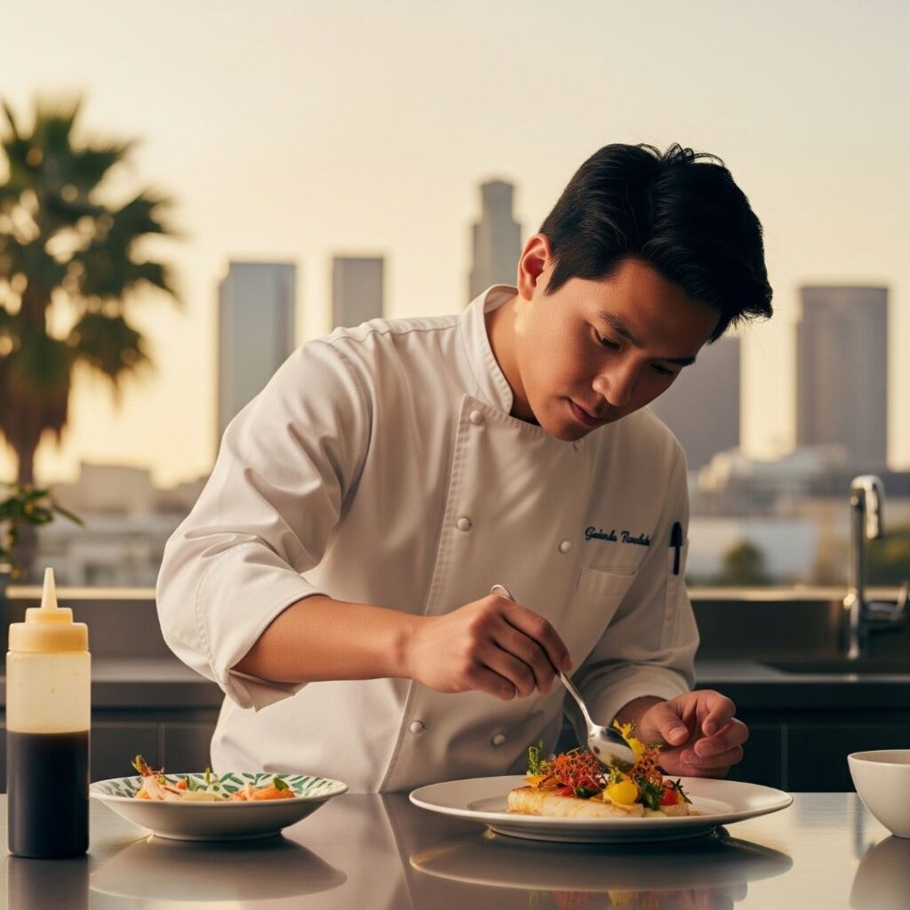 chef representing a Los Angeles food brand carefully plates a gourmet dish