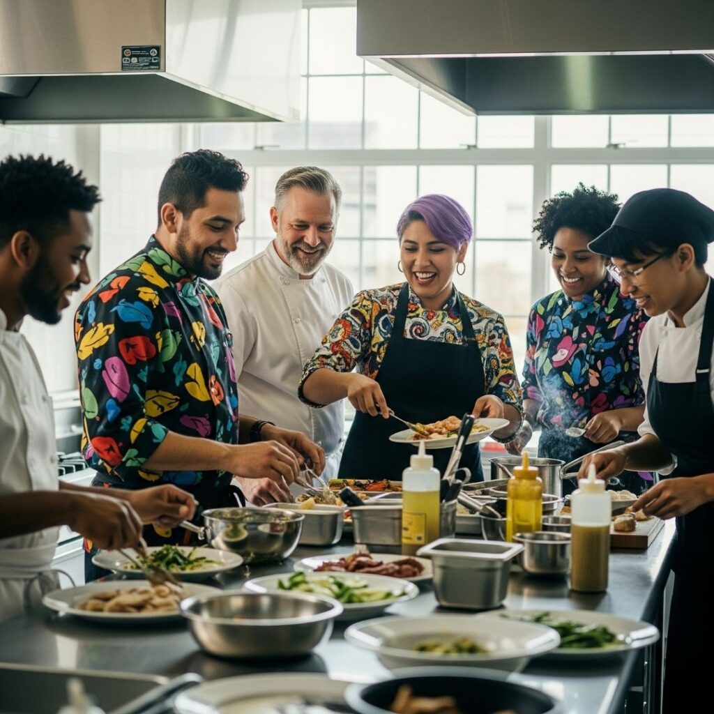 diverse group of food entrepreneurs collaborating and cooking